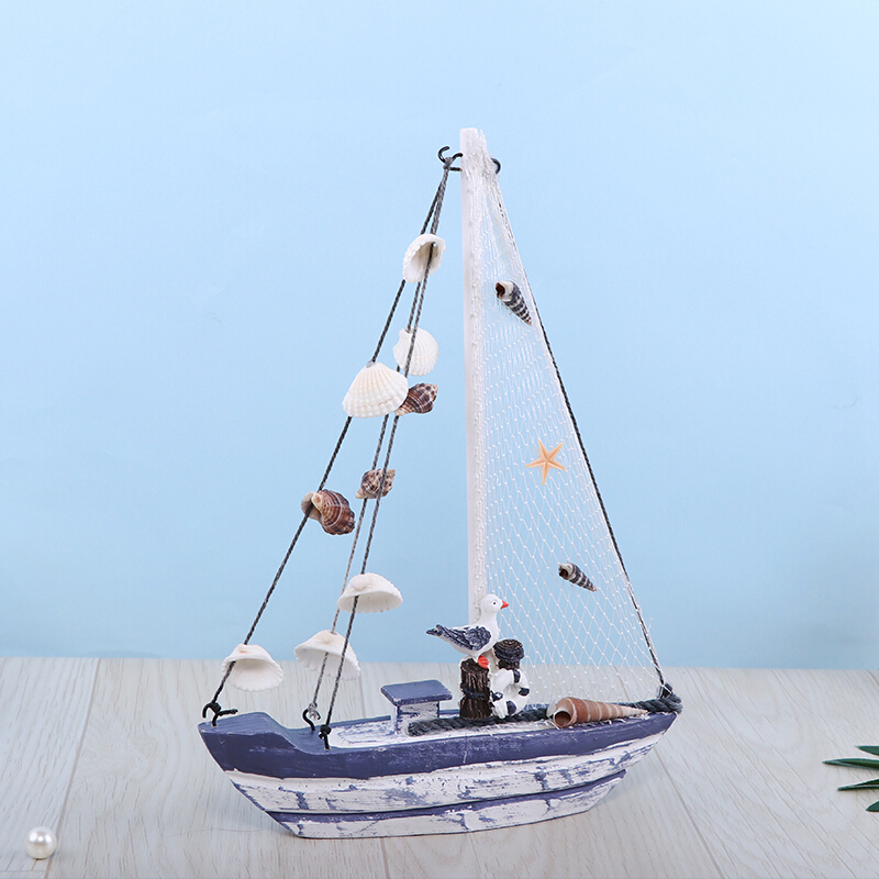 地中海帆船模型摆件实木做旧工艺船蓝白贝壳船家居装饰品礼品