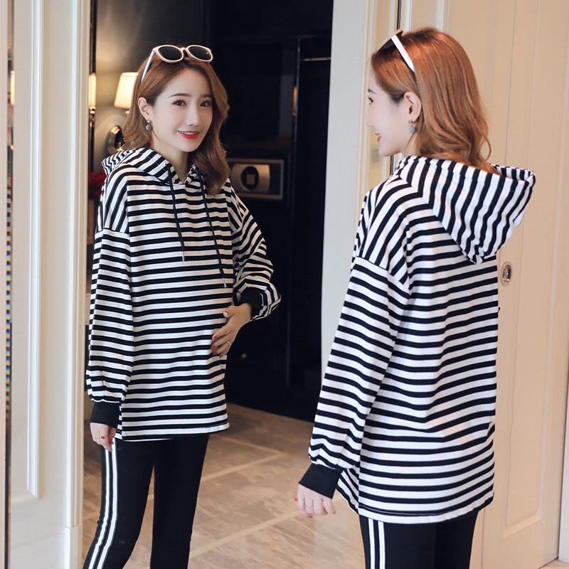 迪鲁奥(DILUAO)儿童乐园孕妇套装秋装时尚长袖条纹T恤潮妈外出休闲韩版春秋季两件套 图片色图片