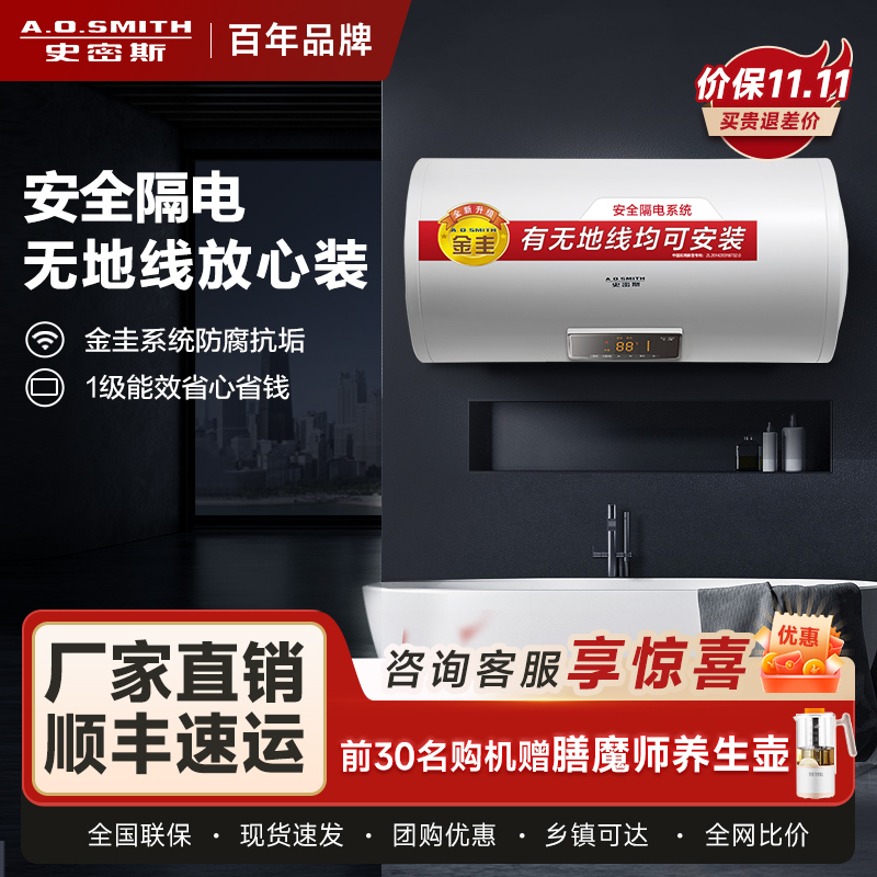AO史密斯60升电热水器 无地线可安装 专利安全隔电 金圭内胆 速热节能 一键中温保温E60VDS 预约洗浴