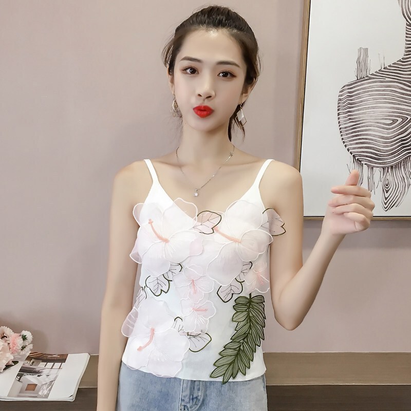 夏季新款带针织打底衫女刺绣短款无袖背心内搭外穿chic上衣