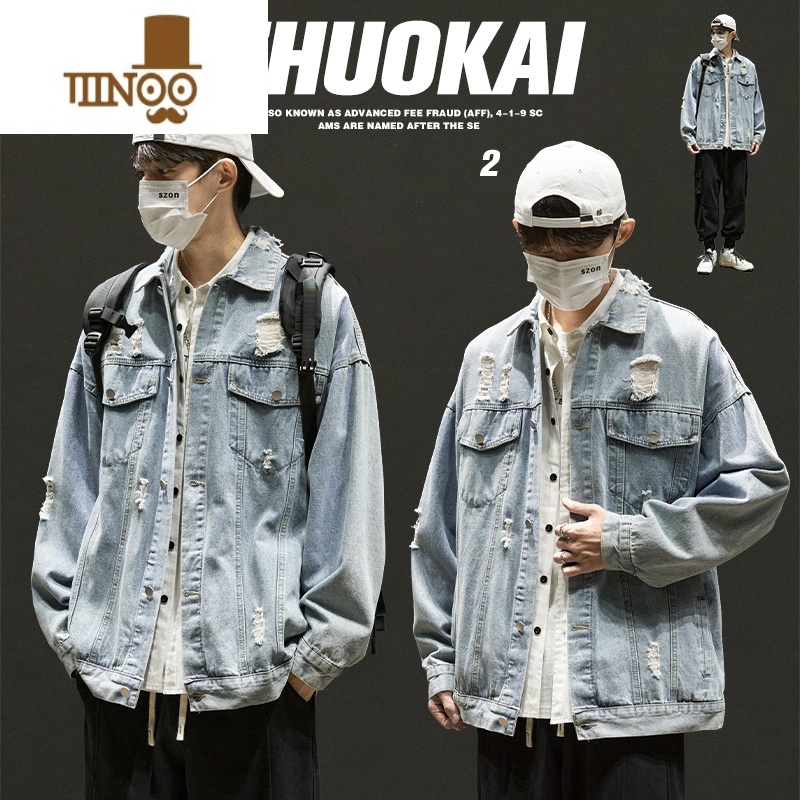 YANXU牛仔外套男款男生水洗破洞工装夹克上衣秋季美式高街潮牌男装高清大图