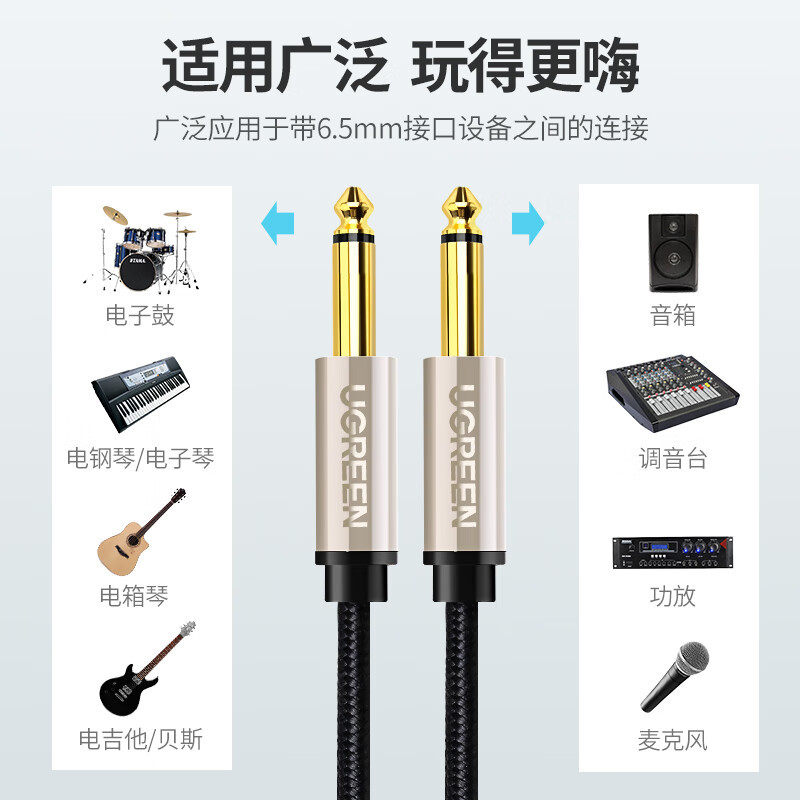 绿联6.5mm音频线 6.35大二芯公对公连接线 音响音箱功放话筒麦克风吉他电子琴鼓调音台转接线5米40813.高清大图