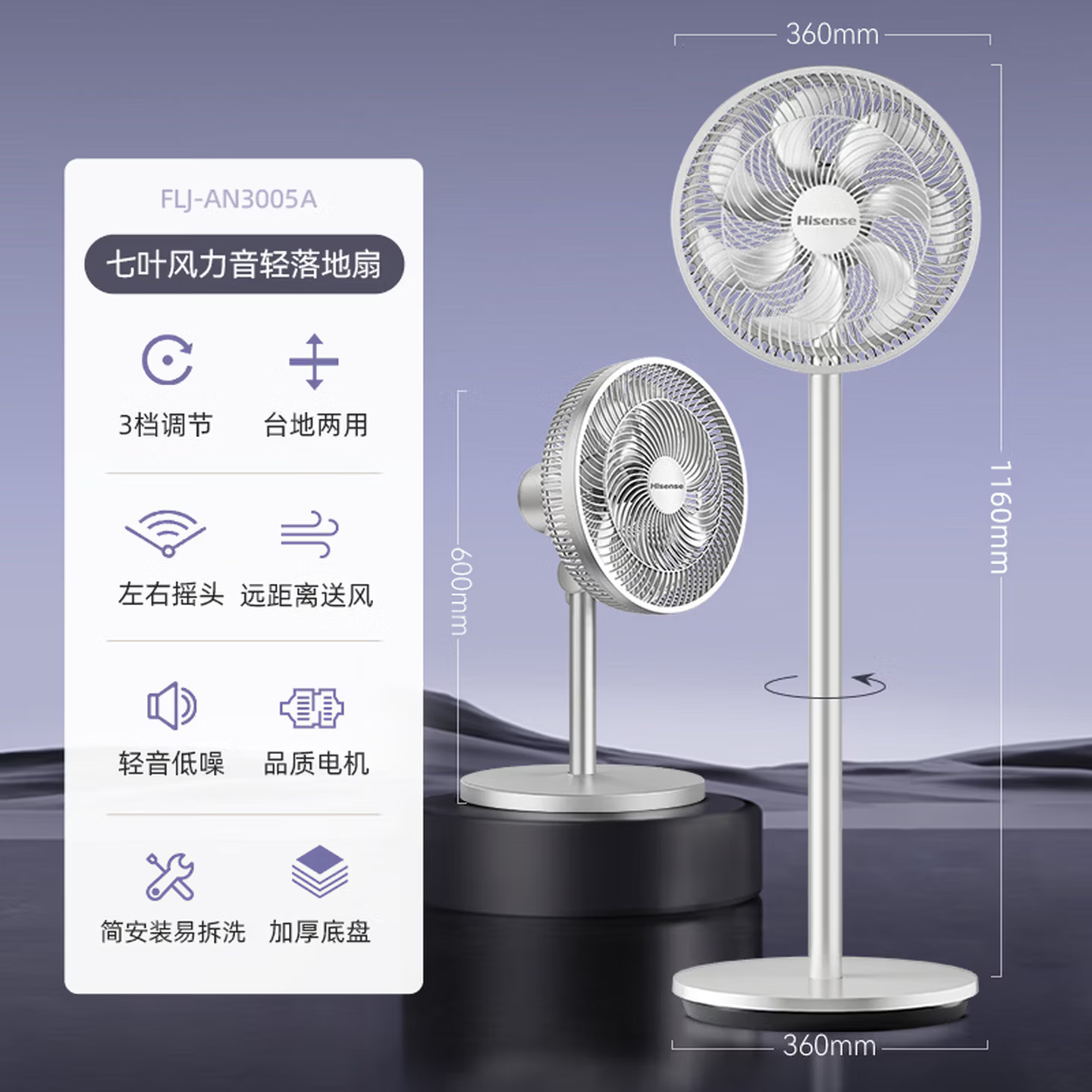 海信(Hisense)7叶螺旋扇叶3档调节88°12寸 机械款落地扇FLJ-AN3005A 36CM 高度可调600-1高清大图