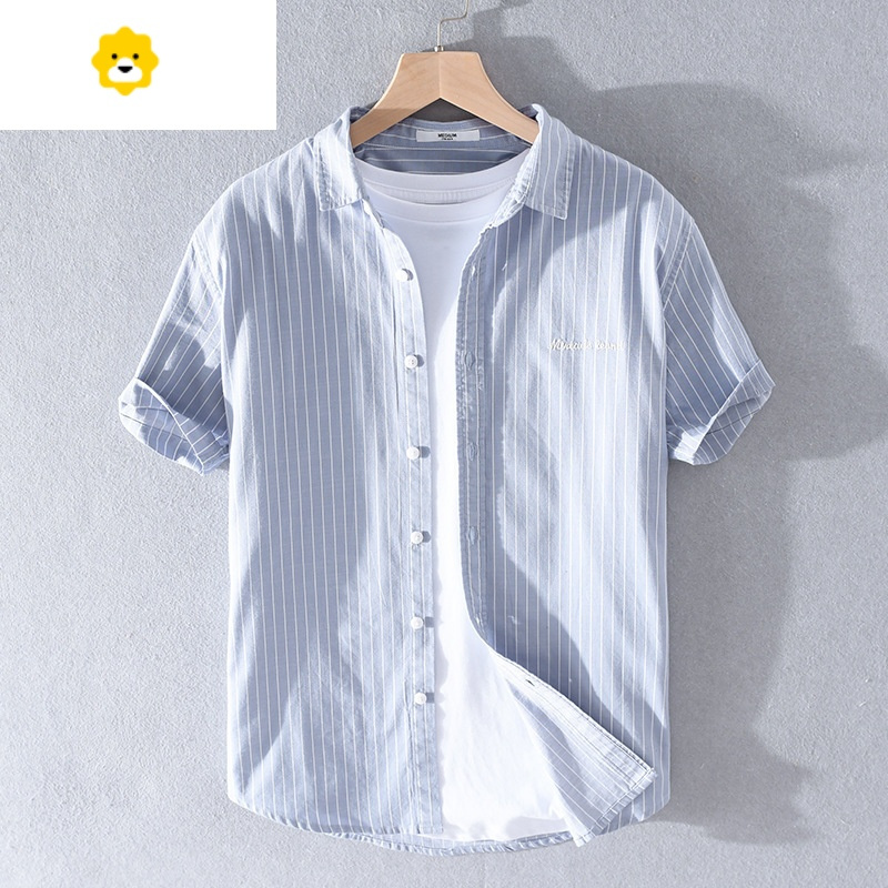 fishbasket白色男士短袖衬衫宽松休闲棉衬衣日系冰丝细条纹青年薄外衣