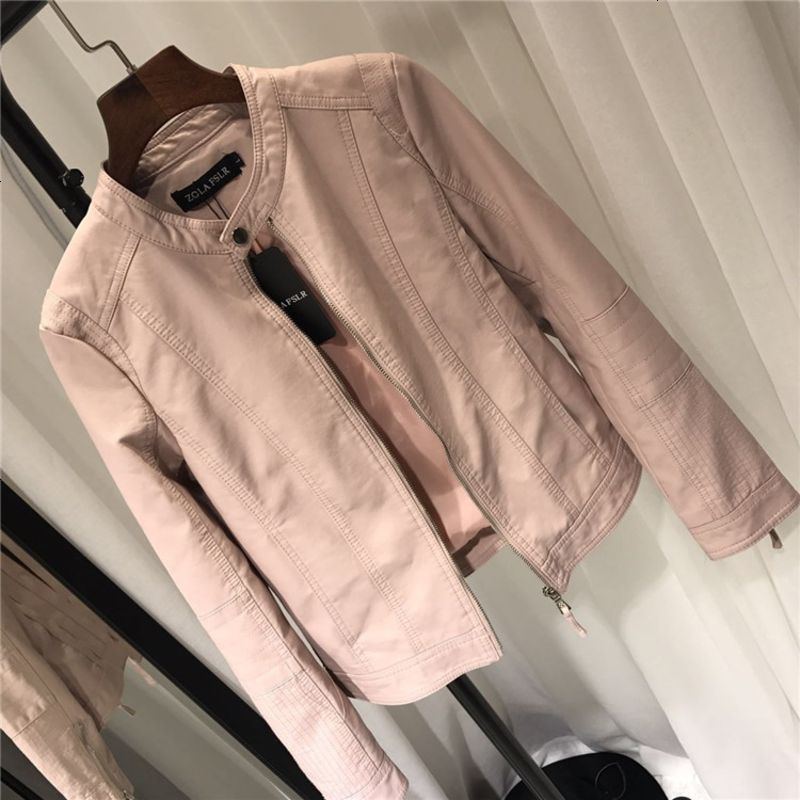 皮衣女短款修身pu皮夹克2018春秋装新款欧美粉色立领机车小外套潮