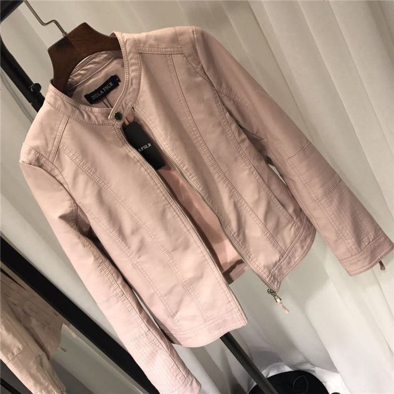 皮衣女短款修身pu皮夹克2018春秋装新款欧美粉色立领机车小外套潮图片