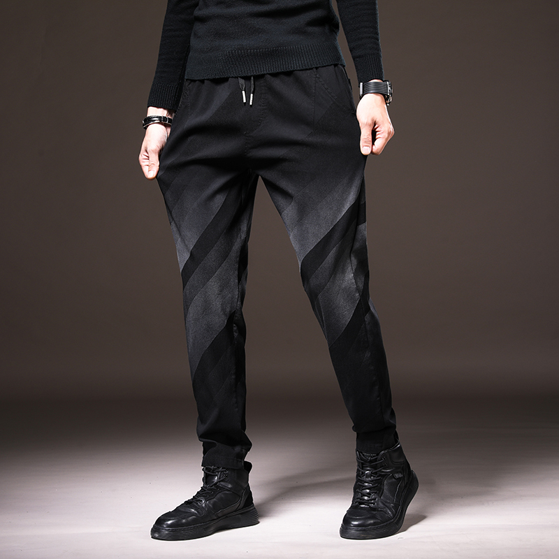 男装秋冬季加绒加厚休闲裤男士新款中腰条纹束脚工装小脚裤子by702