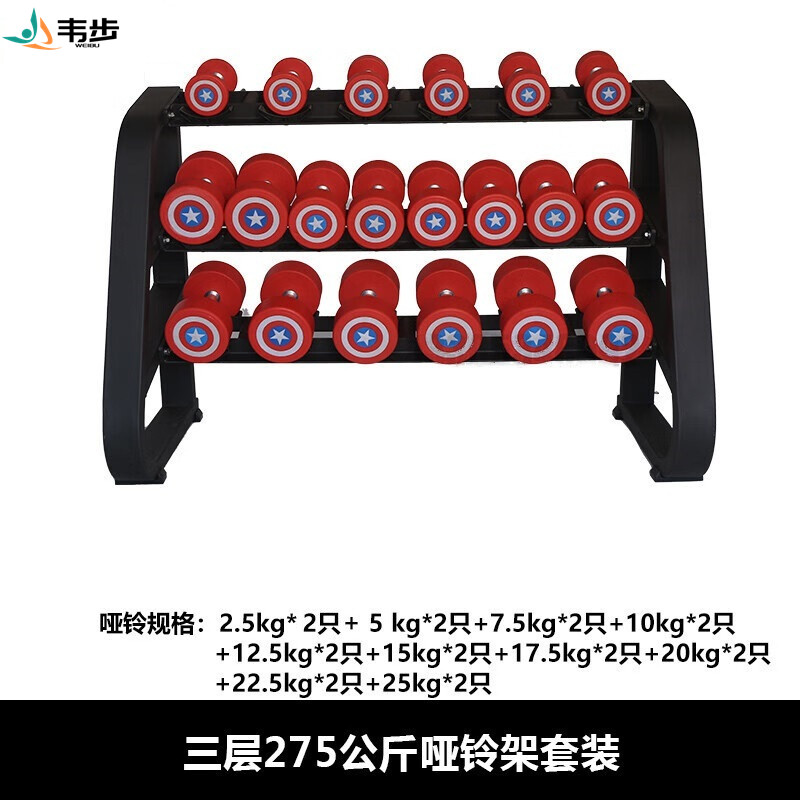 韦步美国队长哑铃商用健身房私教专用PU包胶固定美队哑铃套装 三层275公斤哑铃架套装