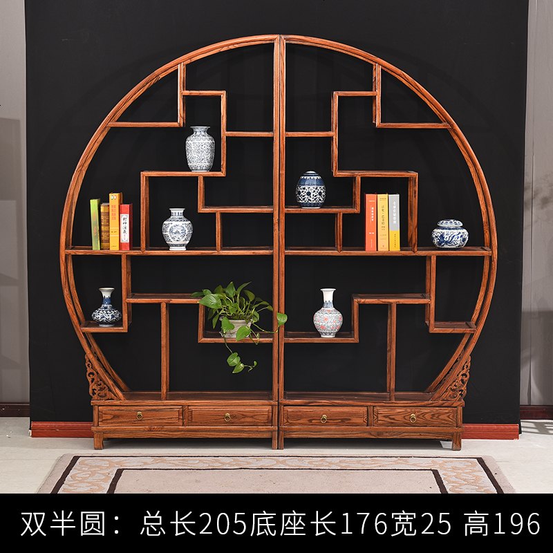 博古架实木新中式多宝阁茶叶展示陈列柜茶室置物古董货架客厅隔断 双半圆博古架一对_1米以下