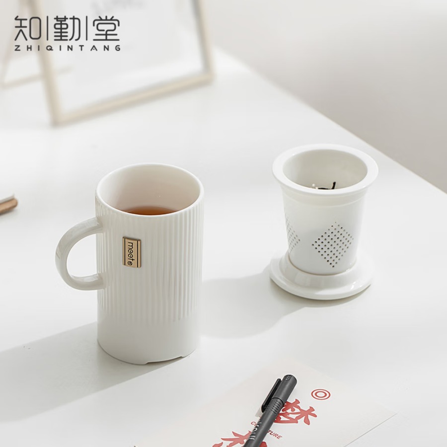 知勤堂幸会轻奢白瓷泡茶杯子陶瓷茶水分离水杯女士高颜值咖啡杯老师礼物 幸会-知白办公杯【礼盒装】