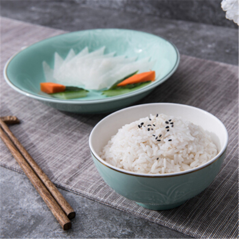 雅诚德（arst） 中式青瓷碗盘餐具套装 家用龙泉釉组合陶瓷碗淡雅饭碗菜盘子鱼盘汤匙 炫彩浮雕5吋直口高脚碗
