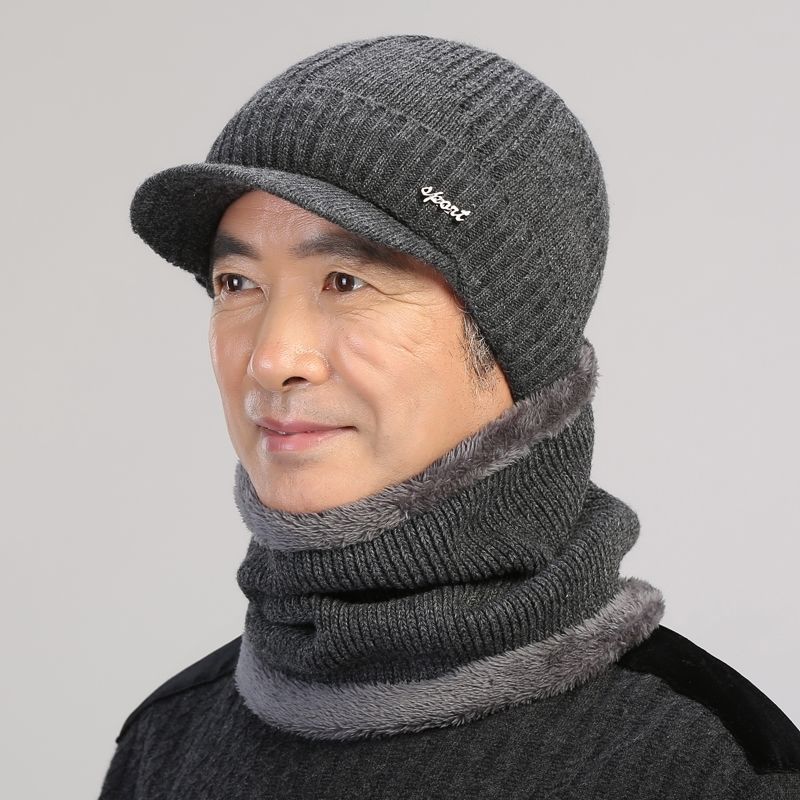 老人帽子男秋冬季围脖保暖中老年头护耳加厚绒爸爸爷爷针织毛线帽梨桦