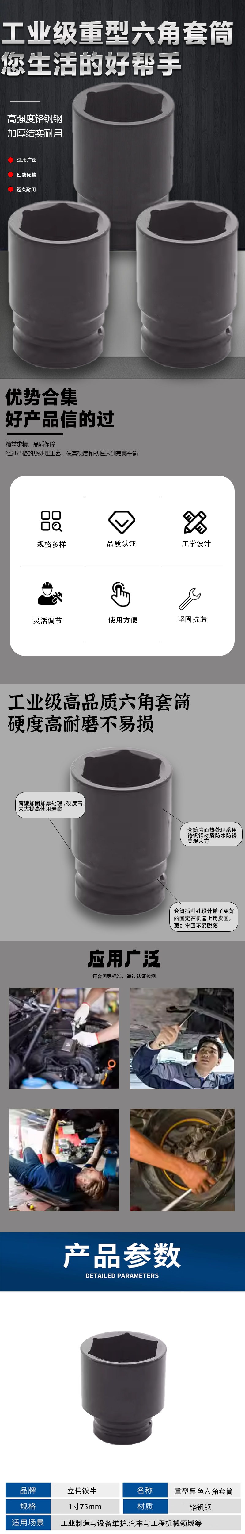 立伟铁牛重型黑色六角套筒1寸75mm/个高清大图