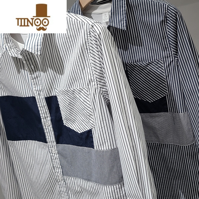 YANXU灰色条纹长袖衬衫男秋款百搭港风日系撞色拼接潮流休闲宽松衬衣高清大图