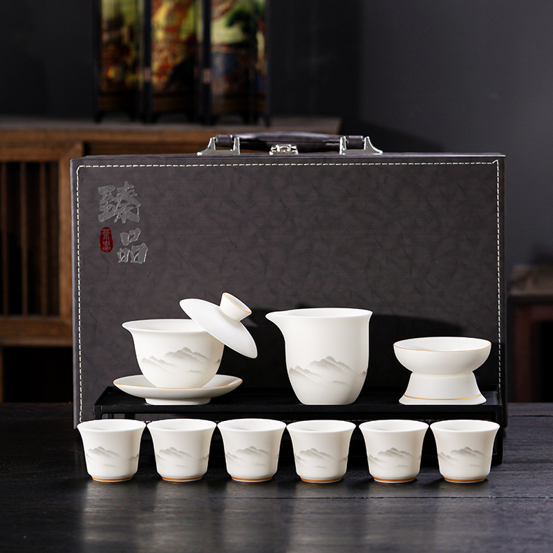 华普思高档轻奢德化羊脂玉陶瓷功夫茶具套装一整套盖碗茶壶年会伴手礼品 10头远山盖碗马蹄杯套装