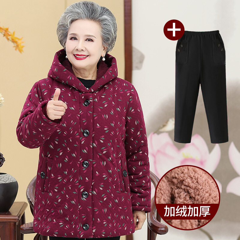 迪鲁奥(DILUAO)老年人冬装女70岁奶奶装棉衣胖妈妈秋冬款老太太老人加厚棉袄衣服 红色（上衣+裤子） 5XL（建议145-160斤）