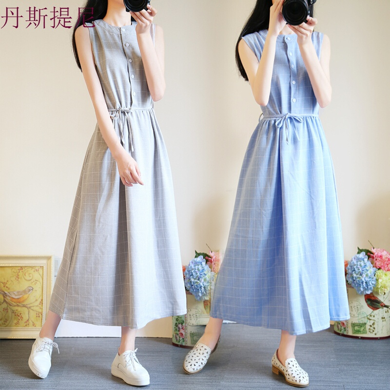 春装女夏学生韩版棉麻长裙过膝带背心裙子