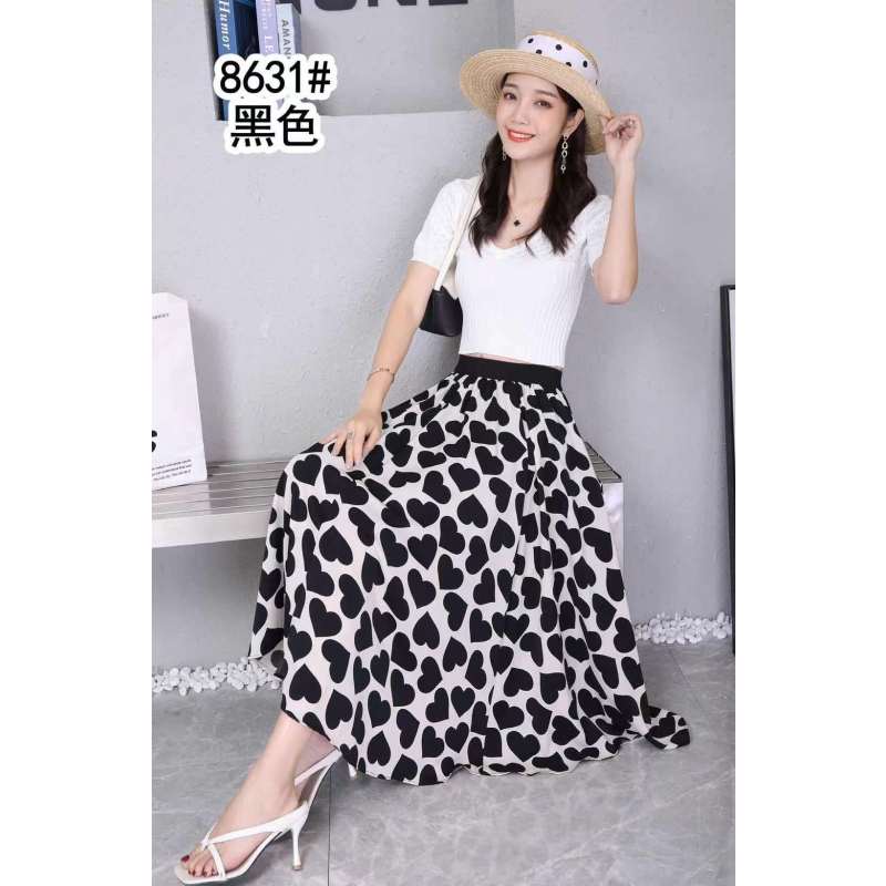 2021新款宽松高腰垂感显瘦中长a字大摆裙爱心裙雪纺半身裙女夏_爱心花白色