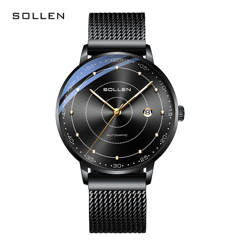 梭伦(SOLLEN)手表男士商务自动机械表时尚简约休闲精选学生夜光防水日历运动腕表男表SL-312 全黑黑面