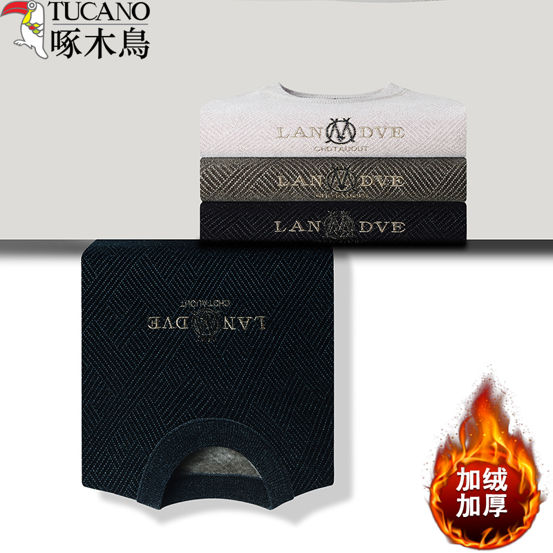 啄木鸟提花雪尼尔毛衣男秋冬加厚加绒中年打底圆领保暖卫衣一体卫高清大图