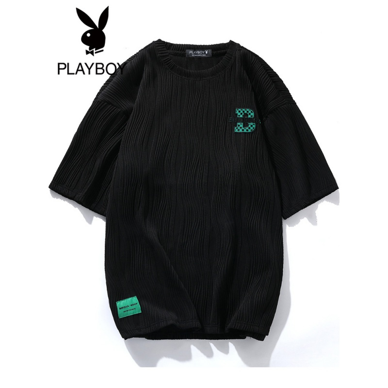 花花公子夏季潮牌字母印花圆领短袖T恤男潮牌宽松休闲青年体恤男