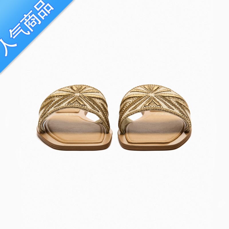SUNTEK夏季新款女鞋金色法式复古平底凉鞋刺绣一字拖鞋女外穿沙滩凉拖高清大图