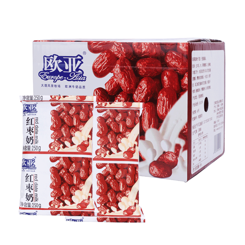 大理牧场欧亚红枣味甜牛奶250g*12袋装整箱全脂奶