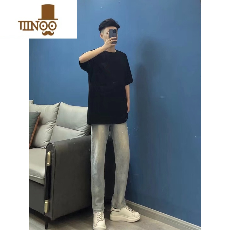 YANXU黄泥水洗做旧牛仔裤男韩版痞帅男生直筒裤潮牌百搭休闲九分裤黄高清大图