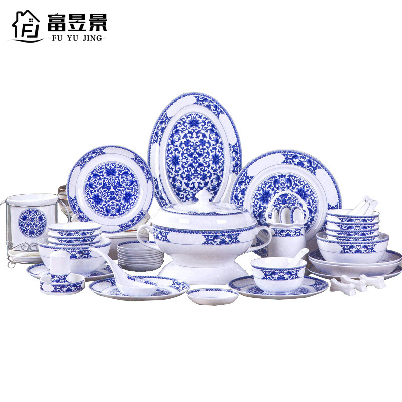 富昱景58头富贵有余骨瓷餐具套装中式国产景德镇高温陶瓷家用碗碟餐具套装碗碟盘勺子筷子