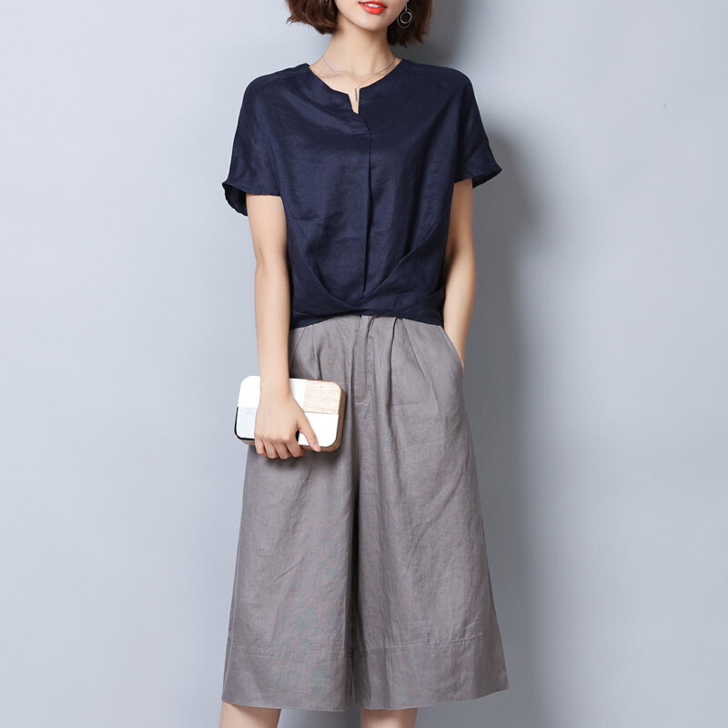 棉麻时尚套装女夏季韩版大码九分裤休闲亚麻宽松洋气阔腿裤两件套