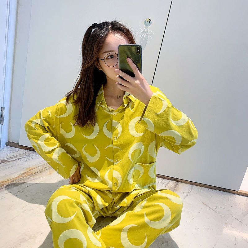 波迷娜(BOMINA)满印月亮纯棉睡衣女开衫长袖港风宽松网红套装ins秋季服色 均码