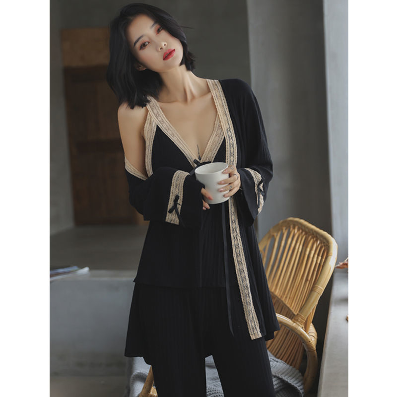 新款睡衣女春秋棉网红蕾丝性感深v吊带睡衣三件套长袖家居服女