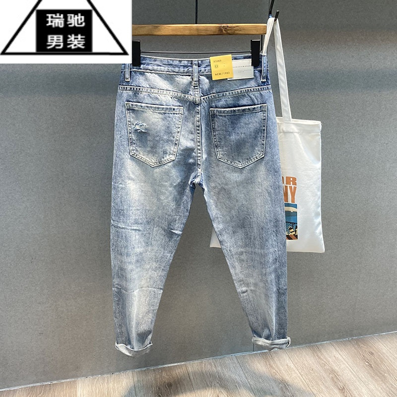 希杰狮王2023新款美式高街夏季薄款九分哈伦破洞牛仔裤男潮牌ins宽松直筒