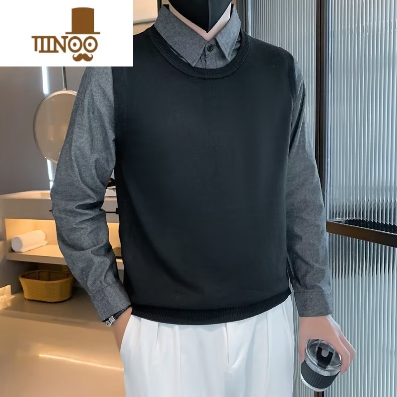 YANXU男士假衬衫领时尚内搭毛衣韩版潮流修身拼接打底针织衫高清大图