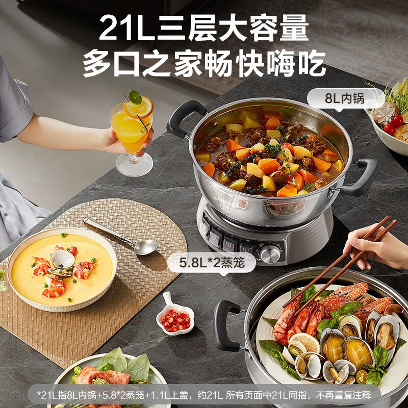 苏泊尔(SUPOR)电蒸锅21L家用大容量多功能电火锅蒸炒煮一体蒸锅2200W全钢蒸笼0涂层电炒锅ZN32YK16高清大图