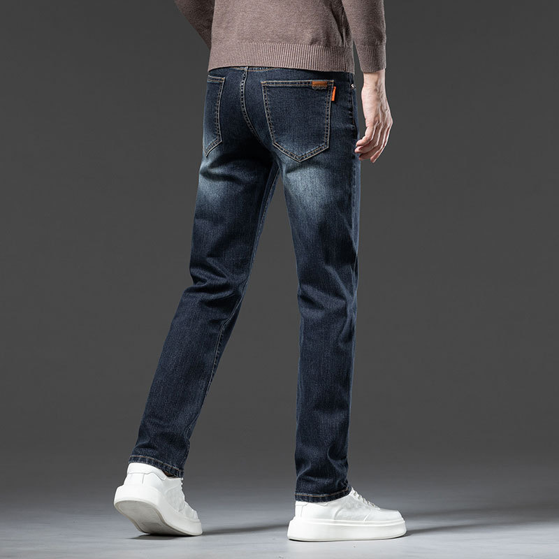 品质热力绒保暖男士牛仔裤加绒加厚弹力修身一体绒中年商务休闲裤高清大图