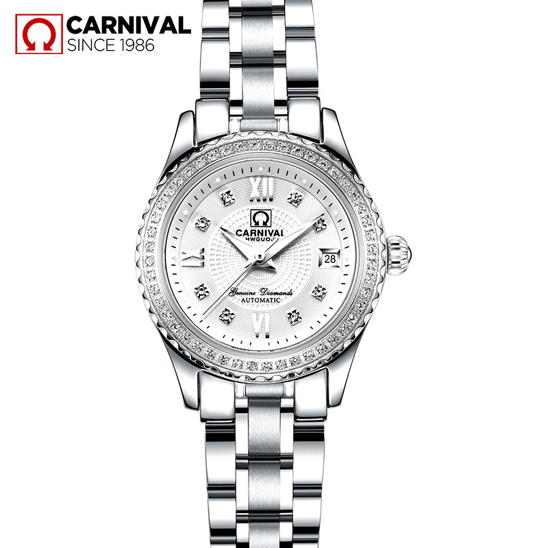 瑞士嘉年华Carnival手表新款女士全自动机械表 女表夜光防水 时尚潮流水钻金属钢带手表满天星魅力腕表8629L