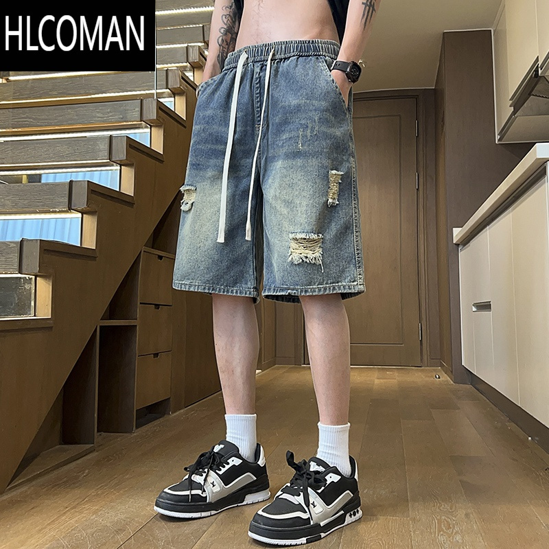 HLCOMAN美式高街破洞牛仔短裤男生2024夏季松紧腰宽松直筒做旧五分中裤男
