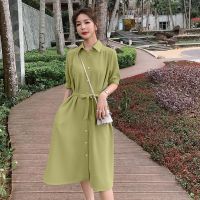 法式小众衬衫连衣裙女中长款2021年夏季新款收腰显瘦桔梗气质长裙 奶绿色 S 建议（80-100斤）