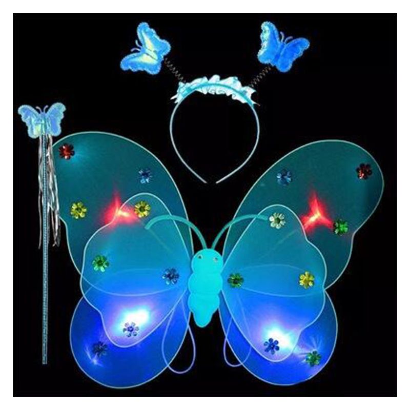 小女孩蝴蝶发光玩具双层发光蝴蝶翅膀四件套魔法棒儿童演出道具|蓝色
