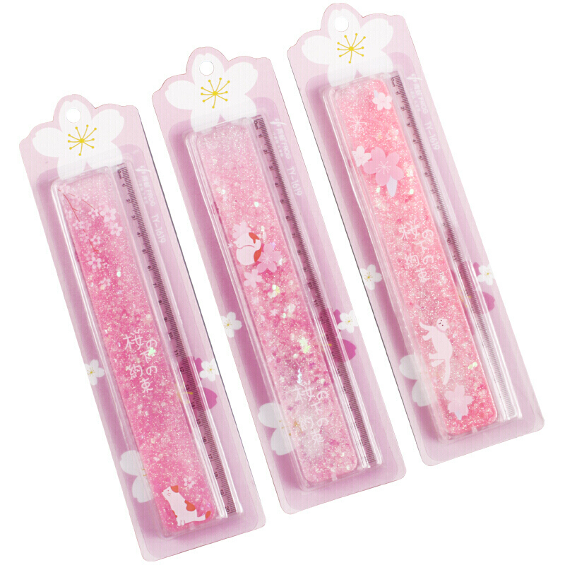 流沙尺子创意小清新樱花流沙尺子创意韩版透明直尺20cm入油流沙可爱萌