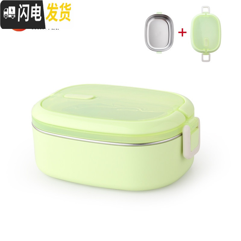 三维工匠304不锈钢饭盒保温双层带盖手提便当盒学生成人2层3三层多层餐盒 绿色单层单格/赠餐具套装高清大图