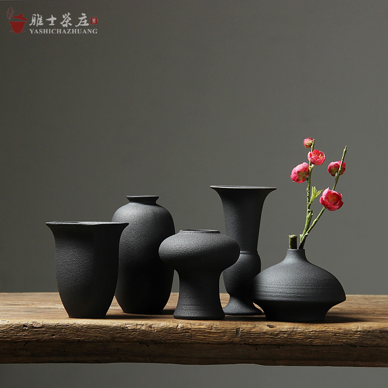 日式粗陶花瓶复古手工拙朴花插陶瓷茶具摆件禅意居家装饰陶艺花器 三维工匠 雅器粗陶黑[款四]高清大图