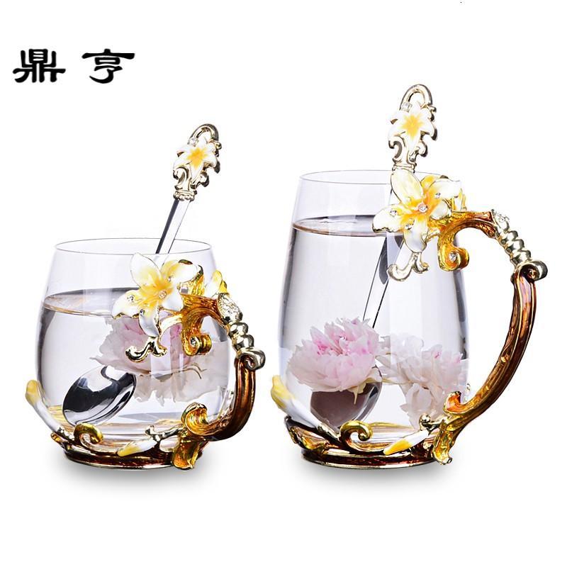 鼎亨幸福百合珐琅彩水杯花茶杯果汁杯咖啡杯子耐热玻璃杯情侣对杯