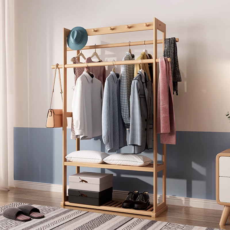 臻远ZY-YMJ-10落地衣帽架家用卧式挂衣架胡桃色670宽高清大图