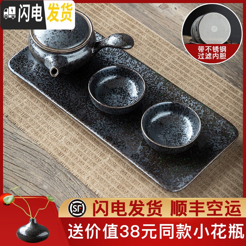 三维工匠建盏功夫茶具套装家用陶瓷办公会客泡茶器简约德化茶壶盖碗喝茶杯 送花瓶-铁锈釉-《盖碗+侧把壶+茶宠》12件套高清大图