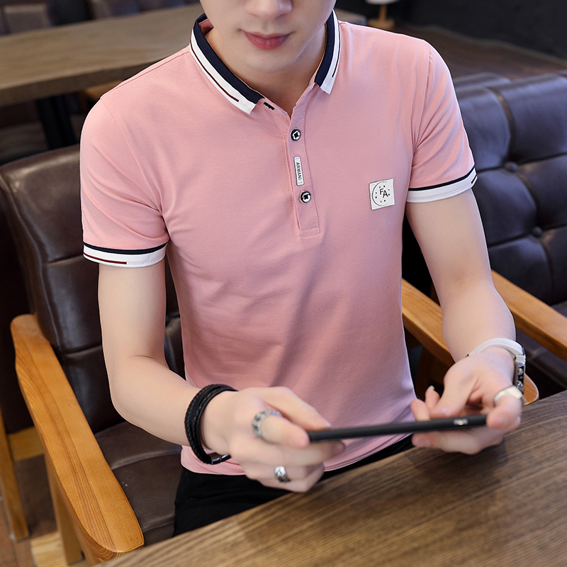 夏季潮流男装衬衫领polo衫2019夏装新款有带领短袖t恤男翻领半袖衣服