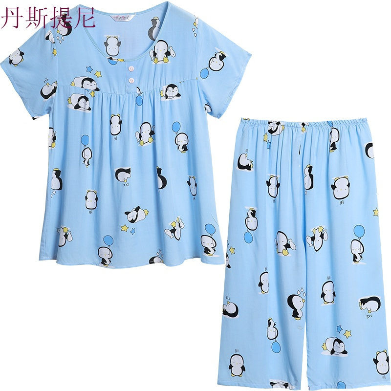 睡衣女夏短袖两件套装胖mm200斤加肥加大宽松大码棉绸薄款人造棉