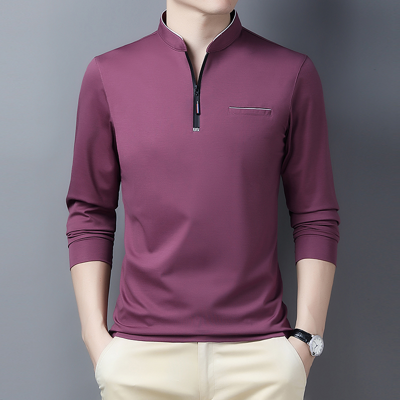 suntek男士t恤 suntek立领长袖t恤男春秋款上衣中年爸爸装休闲冰丝光