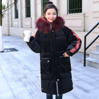 班图诗妮2019网红冬季亮片金丝绒大毛领羽绒棉服中长款外套女